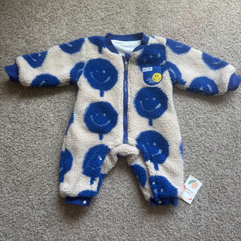 Blue Ka Kids Smiley Face Sherpa Fleece Jumpsuit Blue Cream One-Piece NWT